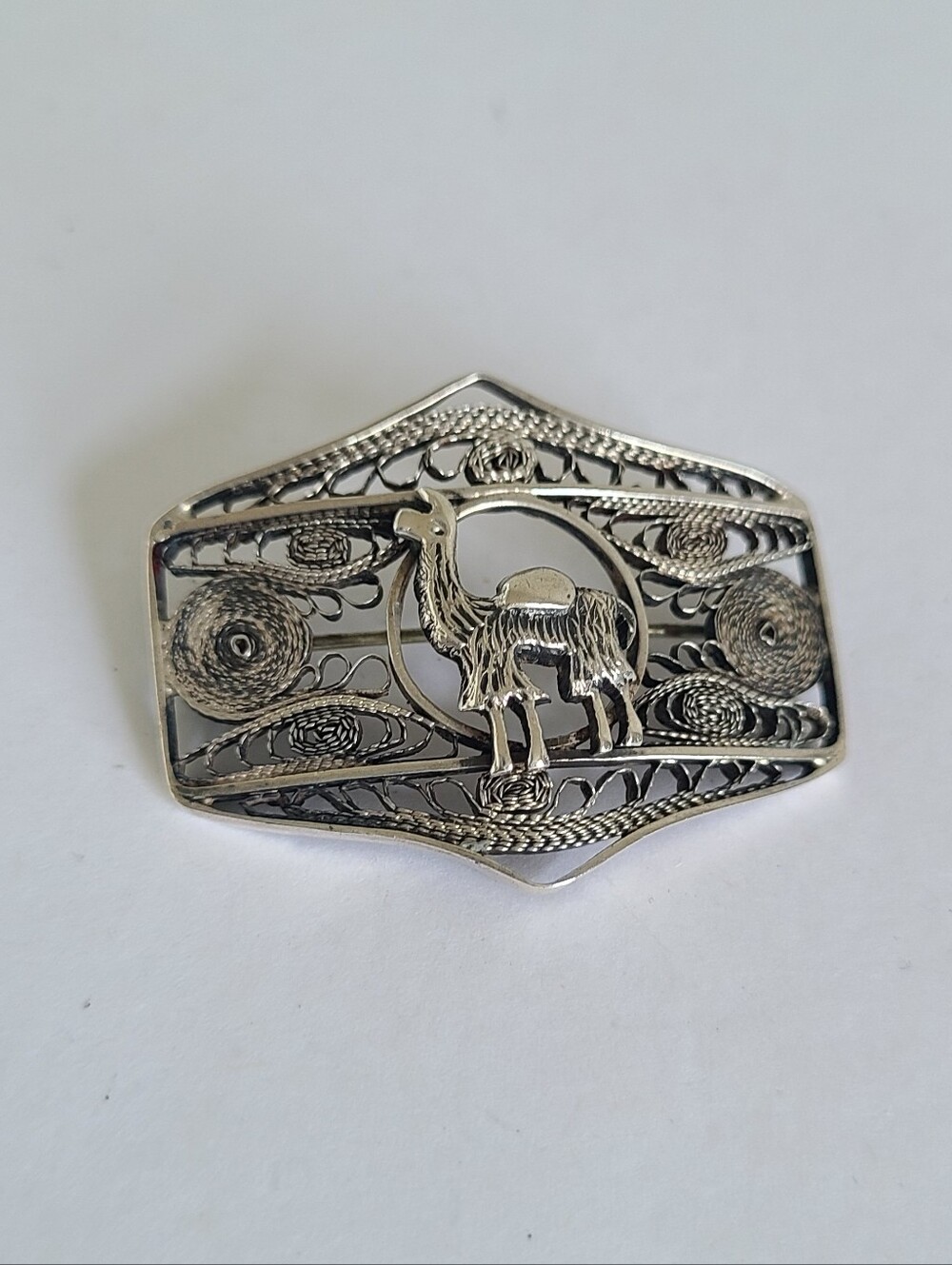 Vintage Sterling Silver Peru Llama Alpaca Canetille Filigree Western Brooch